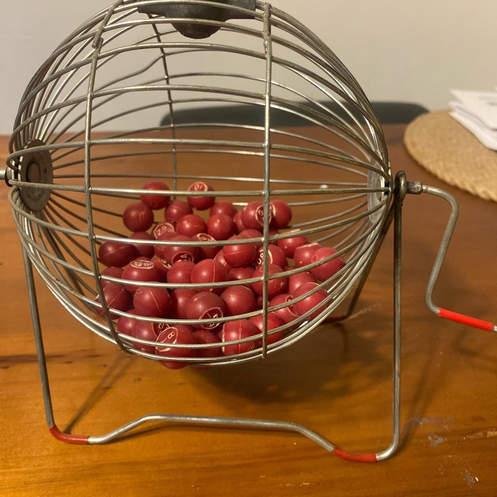 Vintage Metal Bingo Spinner Cage & Wooden Balls